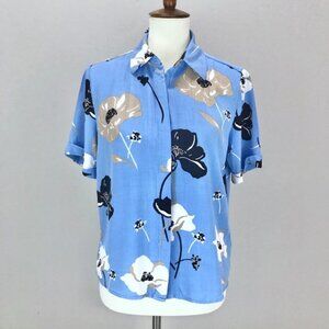 Who What Wear Baby Blue Floral Button Up Short Sleeve Shirt